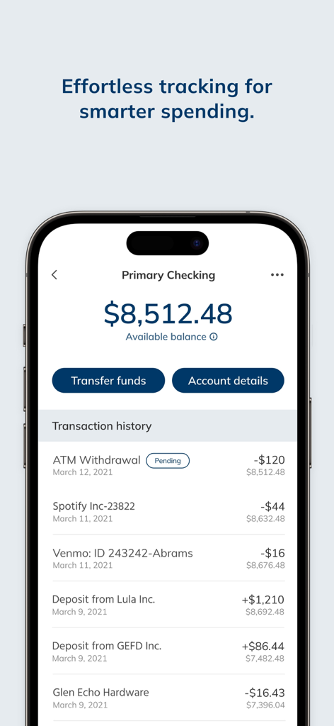 Aplicativo Beacon Bank Mobile mostrando o saldo da conta corrente e o histórico de transações com uma mensagem sobre acompanhamento sem esforço para gastos mais inteligentes