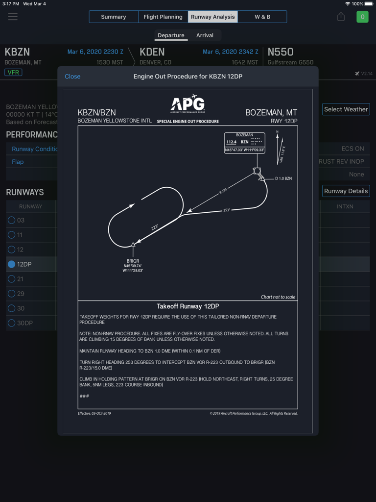 iPreFlight Genesis - Runway analysis engine out procedure chart and flight instructions on iPad