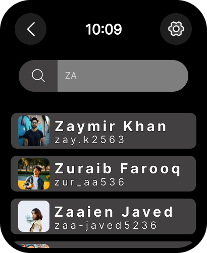 Vista for Feed - A search interface on the Vista for Feed Apple Watch app showing a list of Instagram profiles with names and avatars.