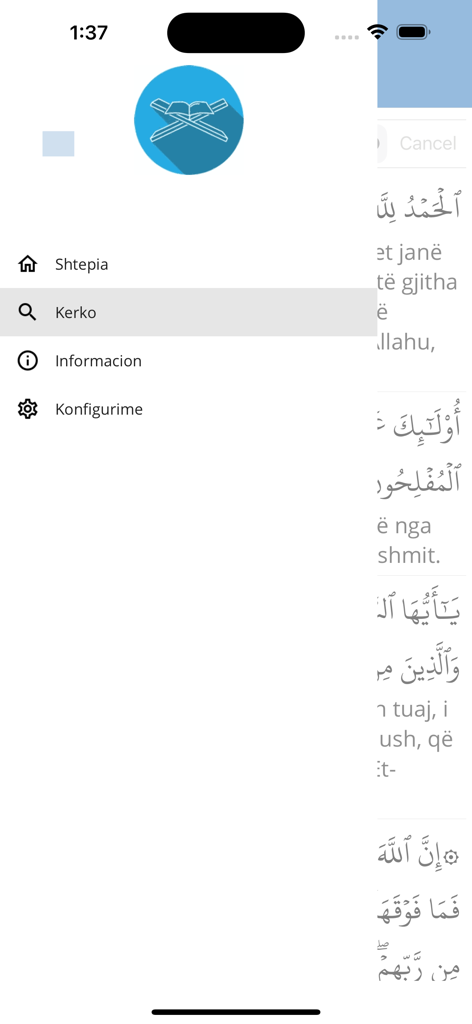 Kurani - Side navigation menu of the Kurani mobile app in Albanian featuring home, search, information, and settings options