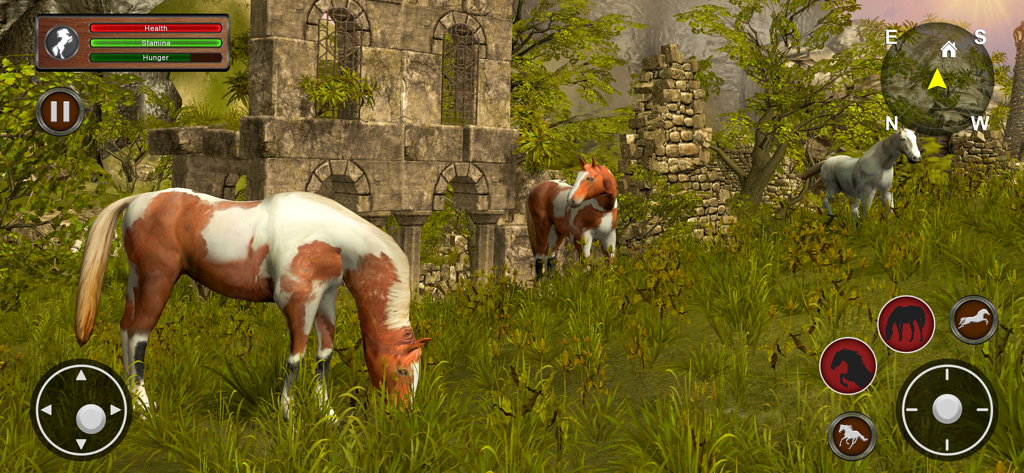 Wild Horse Simulator 3D - Wild horses grazing near stone ruins in the Wild Horse Simulator 3D game