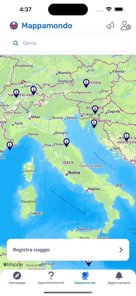 イタリアと周辺の欧州諸国の安全アラートが表示された、Viaggiare Sicuriアプリのインタラクティブな世界地図
