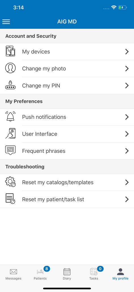 Aig Doctor - AIG MD app profile screen showing account security and user preferences.