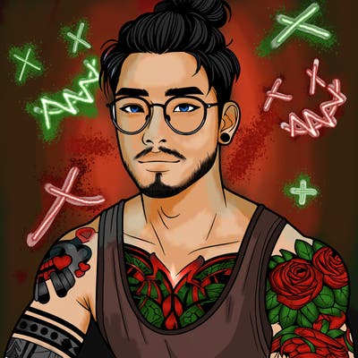 young attractive asian man with a man-bun, glasses, and tattoo's