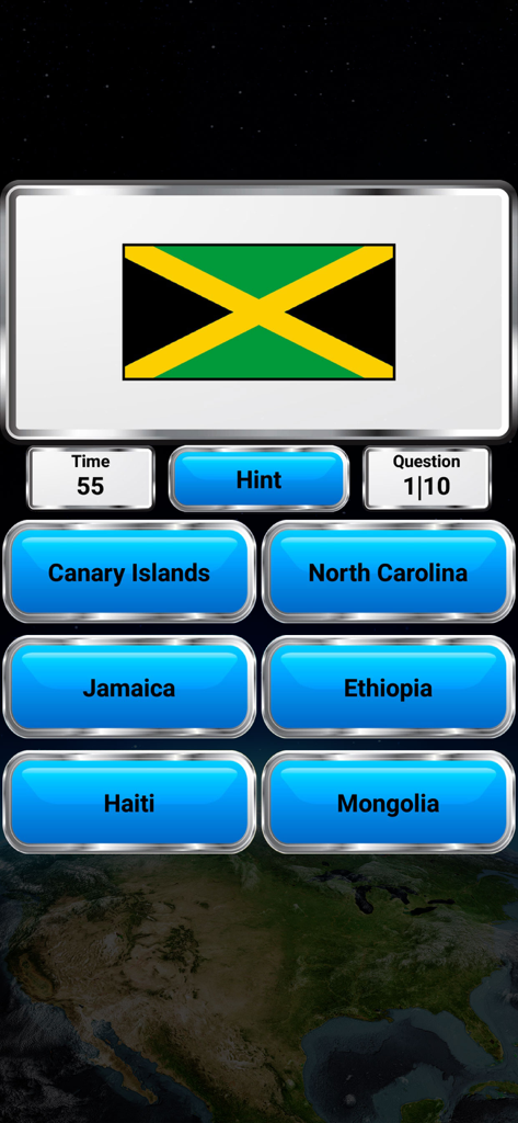 Captura de tela do jogo de quiz de geografia do mundo mostrando uma pergunta de identificação de bandeira para a Jamaica com opções de múltipla escolha