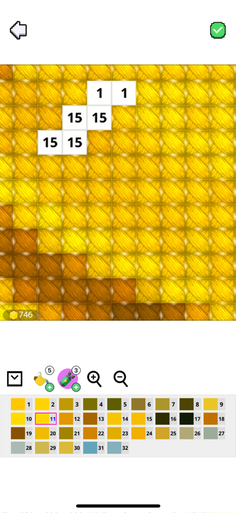 Cross Stitch Color by Number - Gameplay screen of Cross Stitch Color by Number showing embroidery progress and color palette