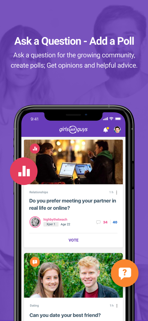 GirlsAskGuys™ - GirlsAskGuys app interface showing relationship polls and community questions on dating behavior