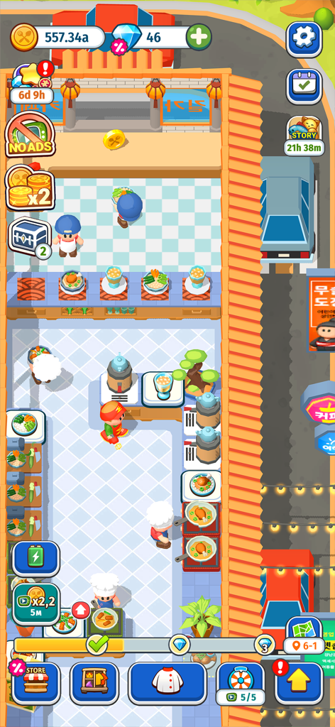 Foodventure Inc: Idle Tycoon - Screenshot di gioco di Foodventure Inc Idle Tycoon che mostra una cucina di ristorante attiva con personale e clienti.