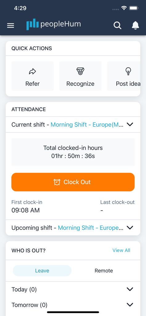 peopleHum - Screenshot of the peopleHum app dashboard featuring employee attendance and quick action tools.