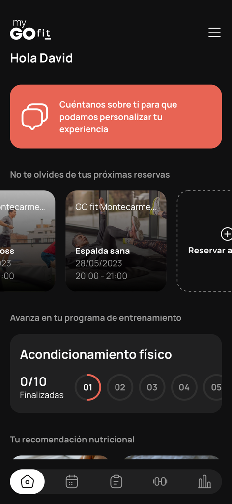 My GO fit - Interface do aplicativo My GO fit exibindo um painel de fitness personalizado com progresso de treino e reservas de treino