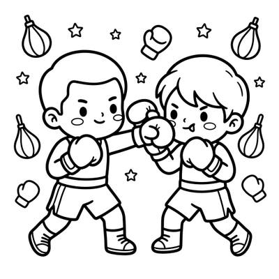 Step into the ring of creativity with this charming Kawaii Youth Boxers coloring page, perfect for kids! These adorable pugilists are ready for young artists to bring them to life with vibrant colors.