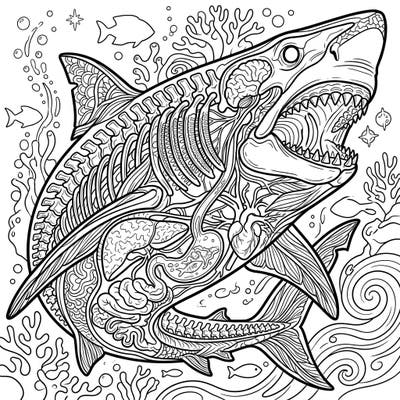 Embark on an educational coloring journey with this intricately detailed Megalodon anatomy page, designed for adults. Explore the prehistoric giant's internal structure and bring its ancient power to life with your colors.