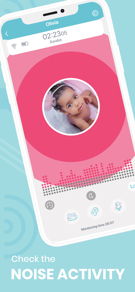Interfaccia dell'app Baby Monitor Nancy che mostra un grafico dell'attività rumorosa e lo stato del bambino.