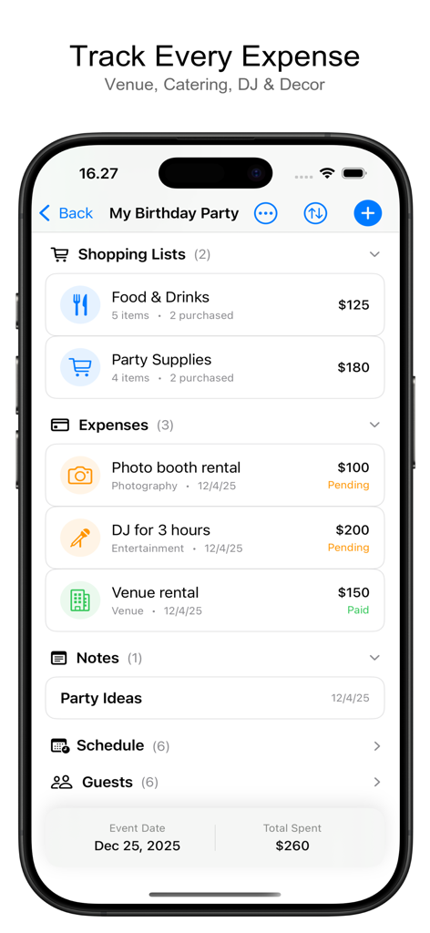 Event Stories - Party Planner - Interfaz de la aplicación móvil que muestra la gestión del presupuesto y el seguimiento de gastos para una fiesta de cumpleaños