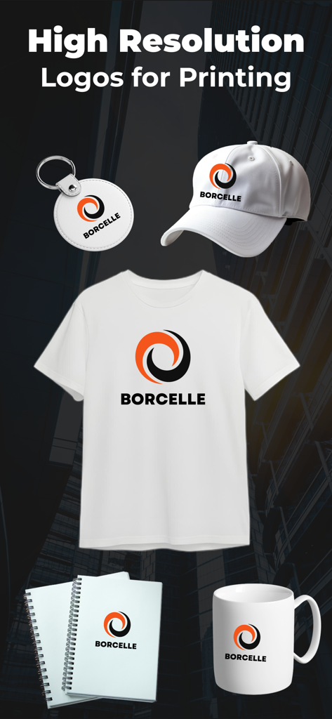 AI Logo Maker: Logo Creator - Una colección de diseños de logos de alta resolución impresos en una camiseta, gorra, taza, cuaderno y llavero.