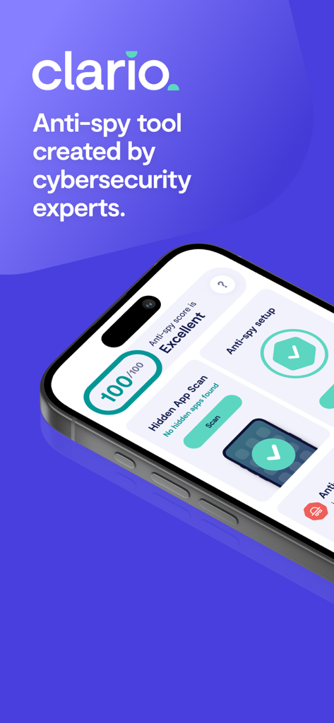 A smartphone screen showing the Clario AntiSpy app with a 100 percent excellent anti-spy security score.