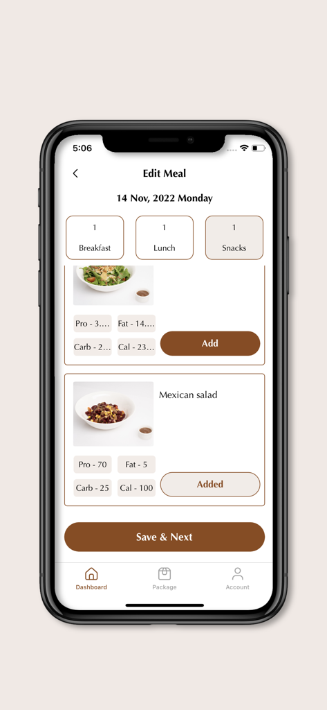 Nutreeze - Nutreeze app screen showing daily meal selection with protein fat carb and calorie information