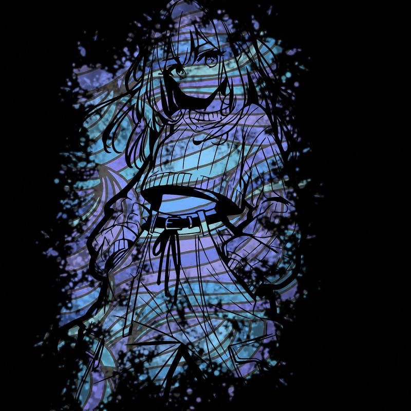anime teen girl with baggy pants and crop top with sweater