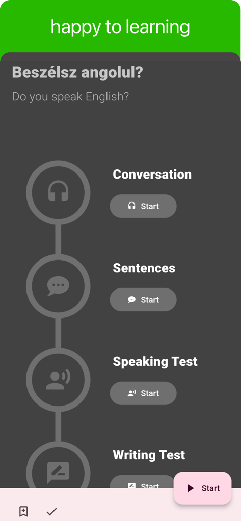 Pantalla de la aplicación de idiomas húngaro con opciones de conversación y prueba de habla