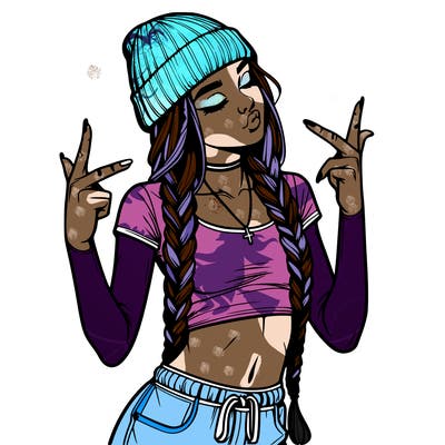 realistic teenage girl with braids and a beanie and crop top doing 🫶🏼