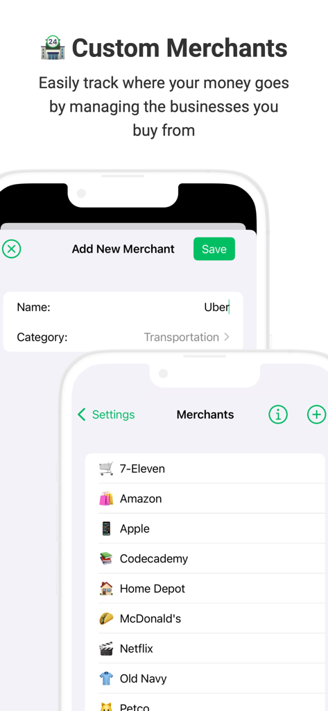 Interfaccia dell'app Trac che mostra un elenco di esercenti personalizzati e una schermata per aggiungere un nuovo esercente su iPhone