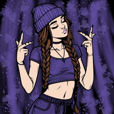 realistic teenage girl with braids and a beanie and crop top doing 🫶🏼