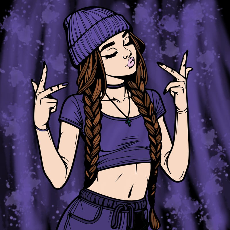 realistic teenage girl with braids and a beanie and crop top doing 🫶🏼