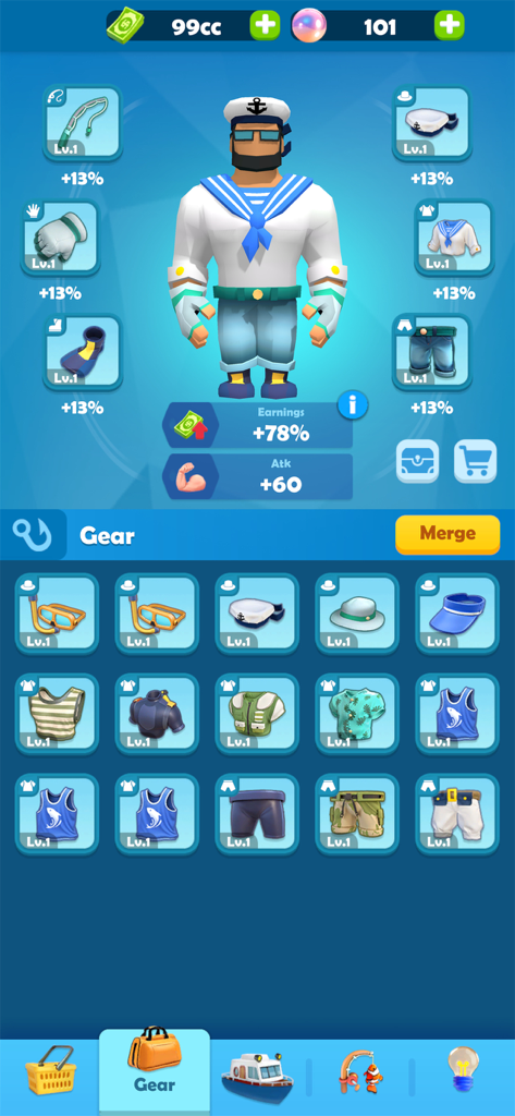 Fishing Frenzy:Idle Hooked Inc - Un menú que muestra un personaje marinero y varios artículos de equipo de pesca en Fishing Frenzy Idle Hooked Inc.