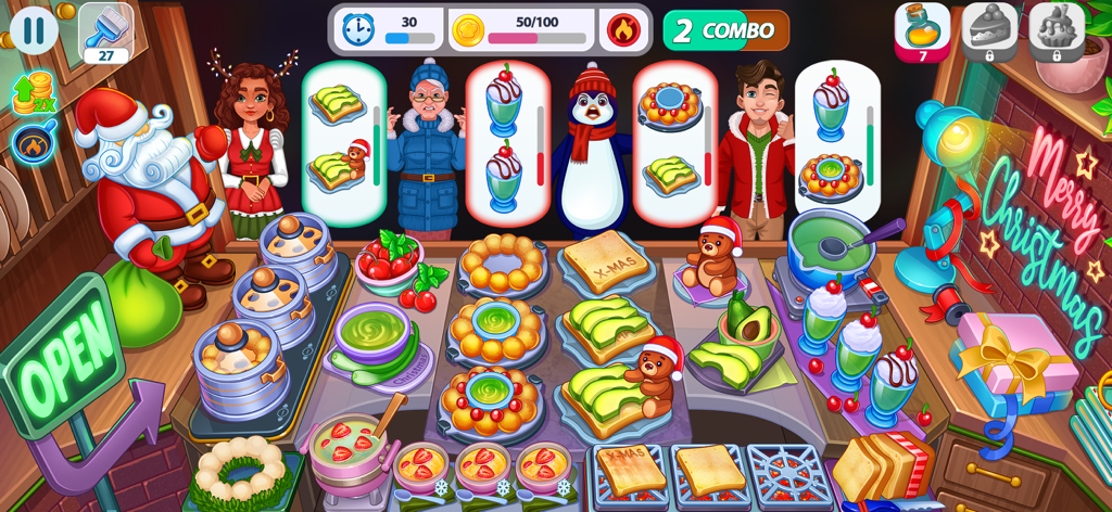 Christmas Chef Cooking Game - Festive kitchen gameplay in Christmas Chef Cooking Game showing Santa Claus and customers ordering holiday treats