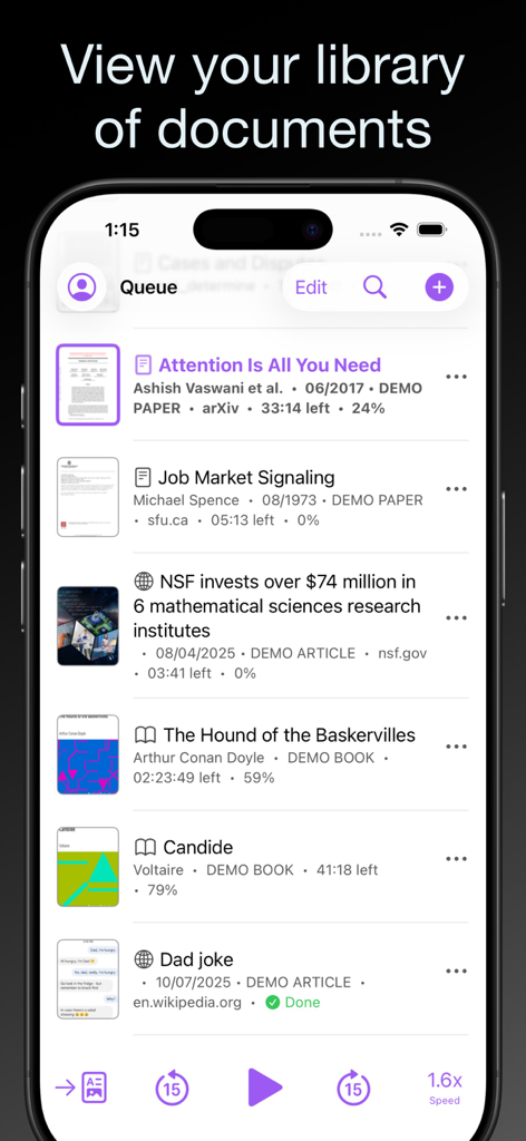 Paper2Audio: Text to Speech - Paper2Audio app document library and playback queue on an iPhone.