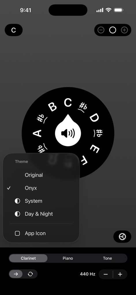 Onyx: Pitch Pipe - Onyx Pitch Pipe app interface with a circular note wheel and theme menu options