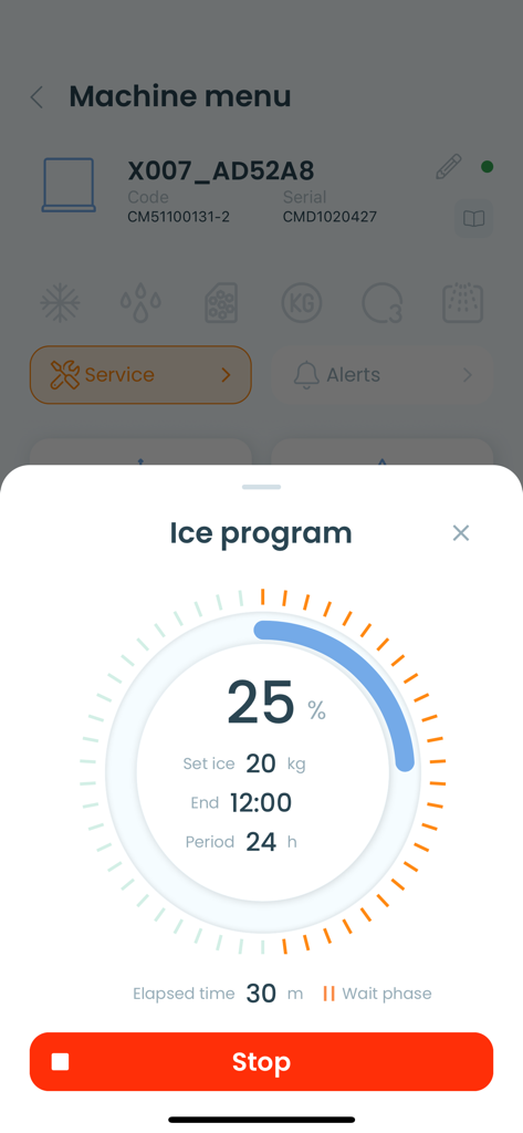 IceWorld - A mobile app interface displaying the 25 percent progress of a scheduled ice production cycle