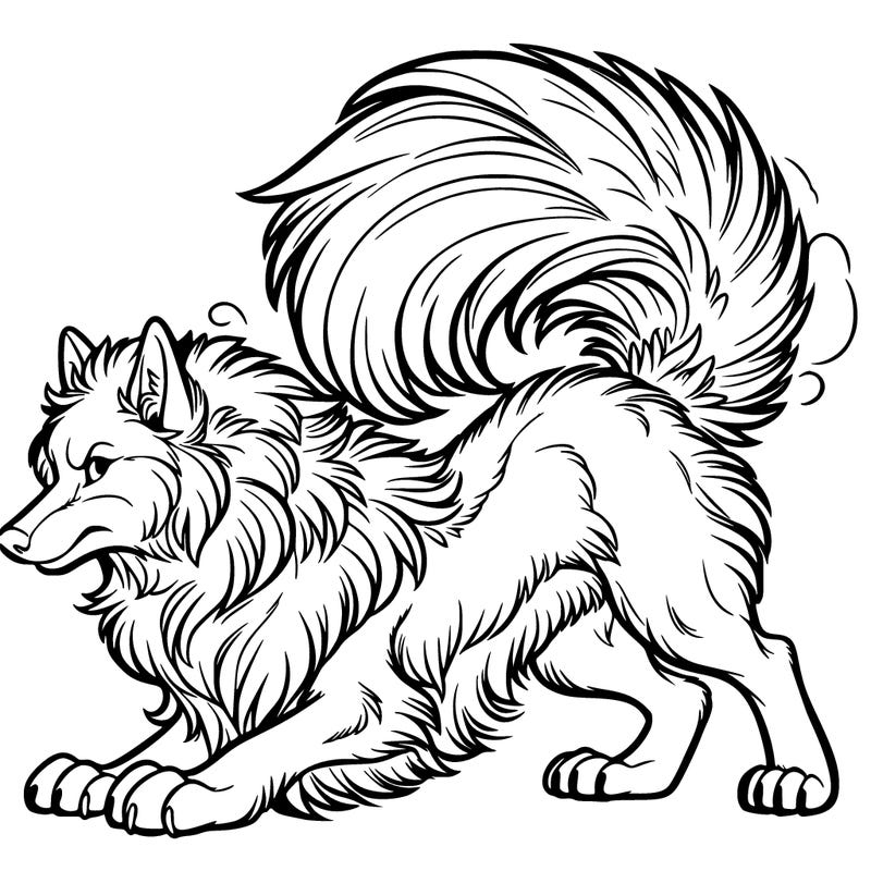 a growling wolf arching it’s back with lots of floof