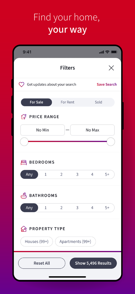 KW Real Estate - KW Real Estate app interface showing advanced search filters for price range property type and bedrooms