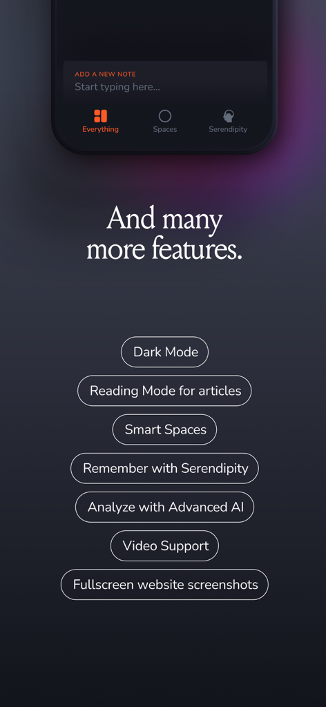 mymind – Extend your mind - List of mymind app features including Dark Mode, Reading Mode, Smart Spaces, and Advanced AI analysis