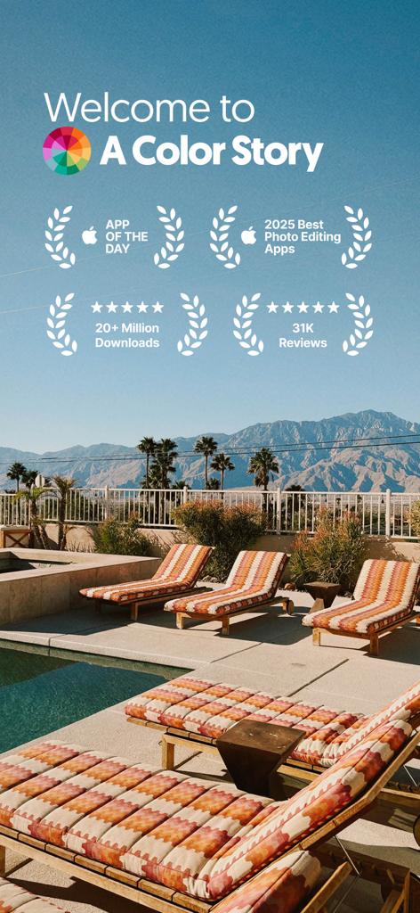 A Color Story: Photo + Video - A Color Story app welcome screen featuring award badges and download statistics over a bright poolside aesthetic