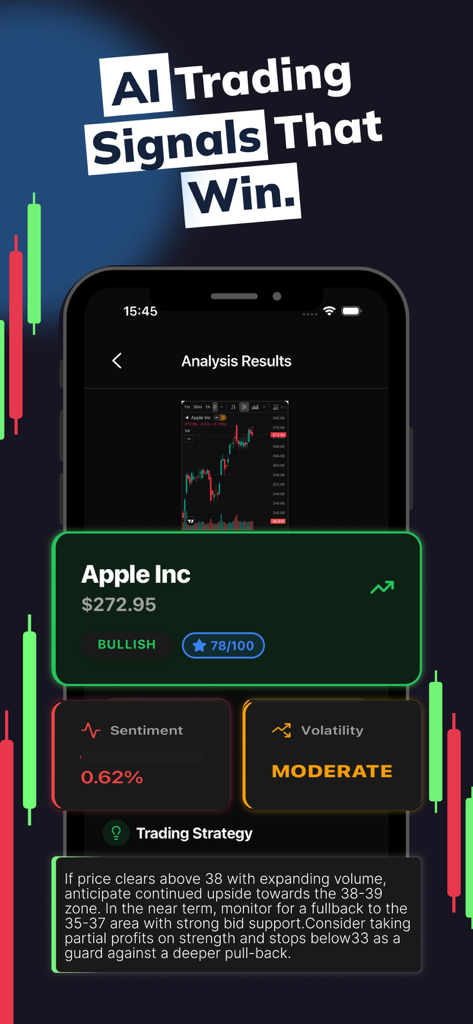 AI trading app interface showing bullish analysis results for Apple stock including sentiment and volatility indicators