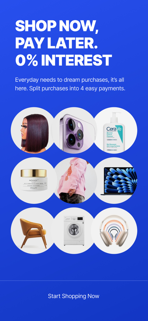 CredPal - CredPal mobile app screen promoting shop now pay later with zero percent interest on a variety of consumer goods