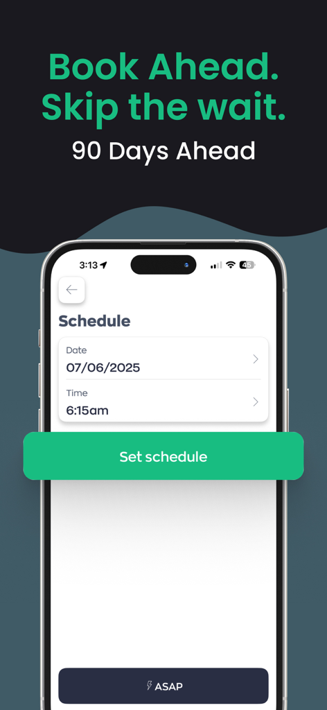 Abetta - Rides & Couriers - Abetta app interface for scheduling a ride up to 90 days in advance with date and time selection.