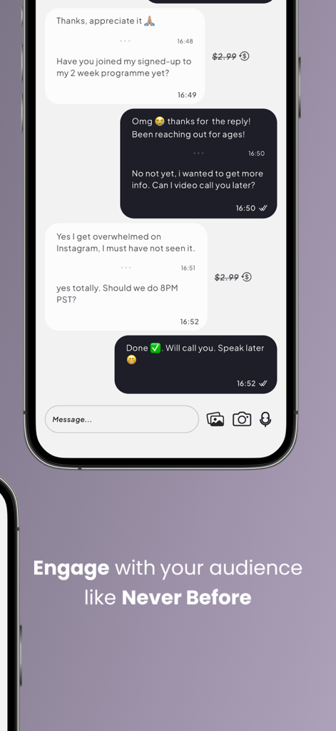 Mobile chat interface of Finsta app showing monetized messages between a creator and a fan