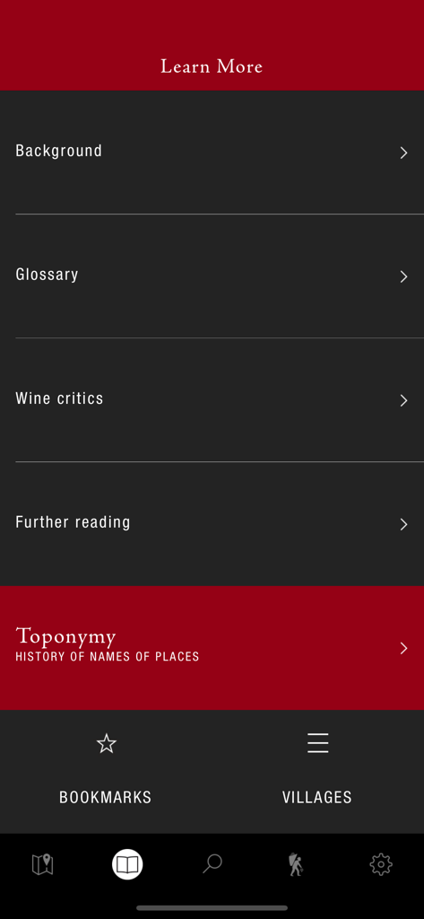 ClimaVinea - ClimaVinea app menu screen displaying wine reference tools including glossary and toponymy for Burgundy vineyards