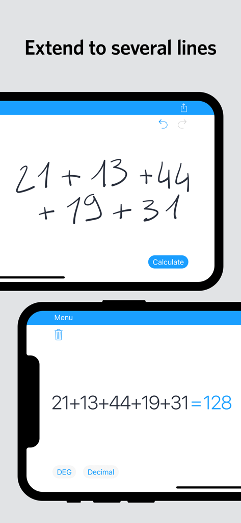 Interface of MyScript Calculator 2 showing handwritten multi-line addition converted into digital text on a mobile device.
