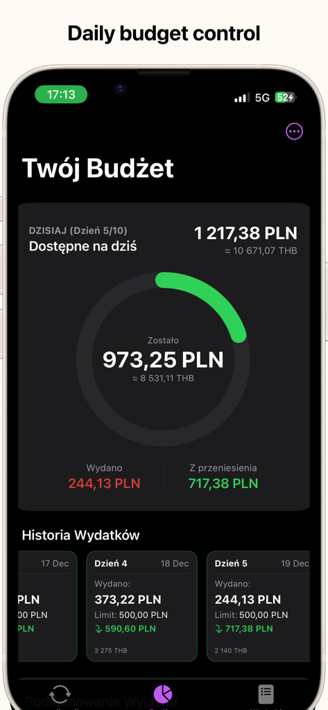Currency Converter - Widget - A screenshot of the Currency Converter app showing the daily budget control feature with a progress ring and expense history