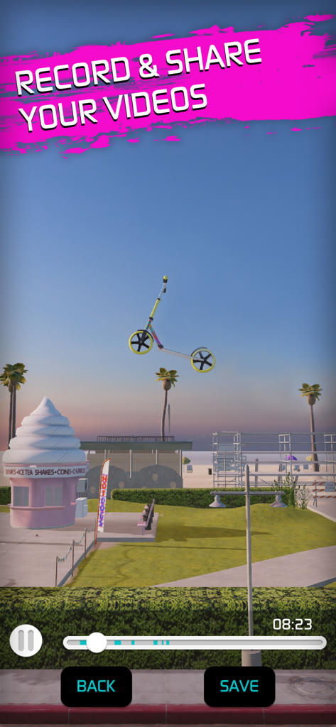 Interface de replay da jogabilidade do Touchgrind BMX 2 mostrando uma manobra de bicicleta em um parque de praia com opções de gravar e compartilhar