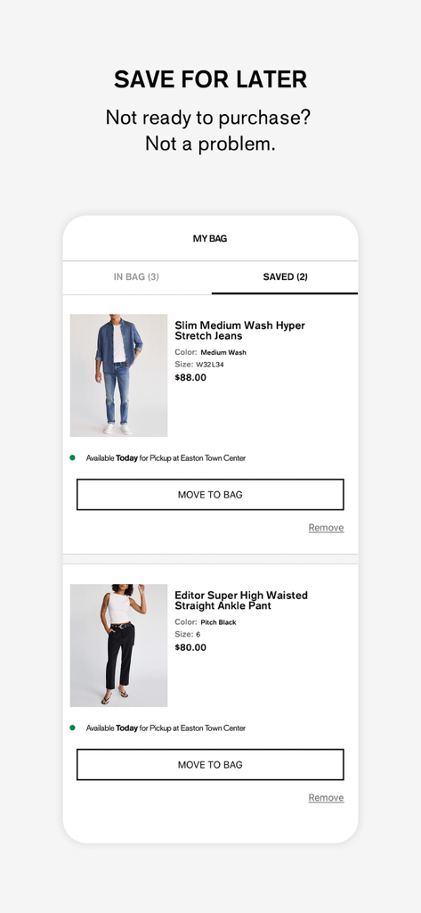 Express - Capture d'écran de l'application mobile Express montrant la fonction « Enregistrer pour plus tard » dans le panier contenant des vêtements