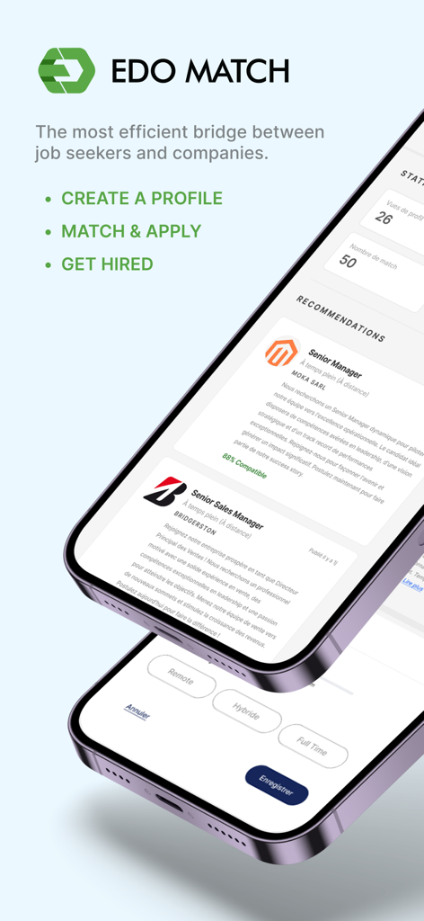 EdoMatch 앱의 모바일 화면, 직무 추천 및 경력 매칭 대시보드 기능