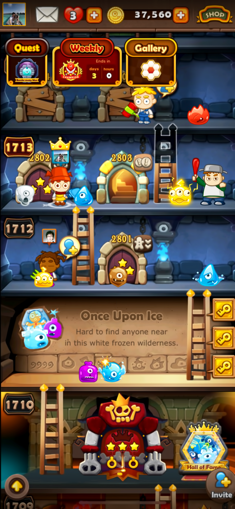 Monster Busters: Hexa Blast - Monster Tower map screen in Monster Busters Hexa Blast showing levels and character progress