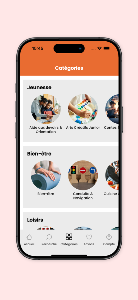 Interface de l'application Toutapprendre montrant diverses catégories éducatives et de loisirs en français.