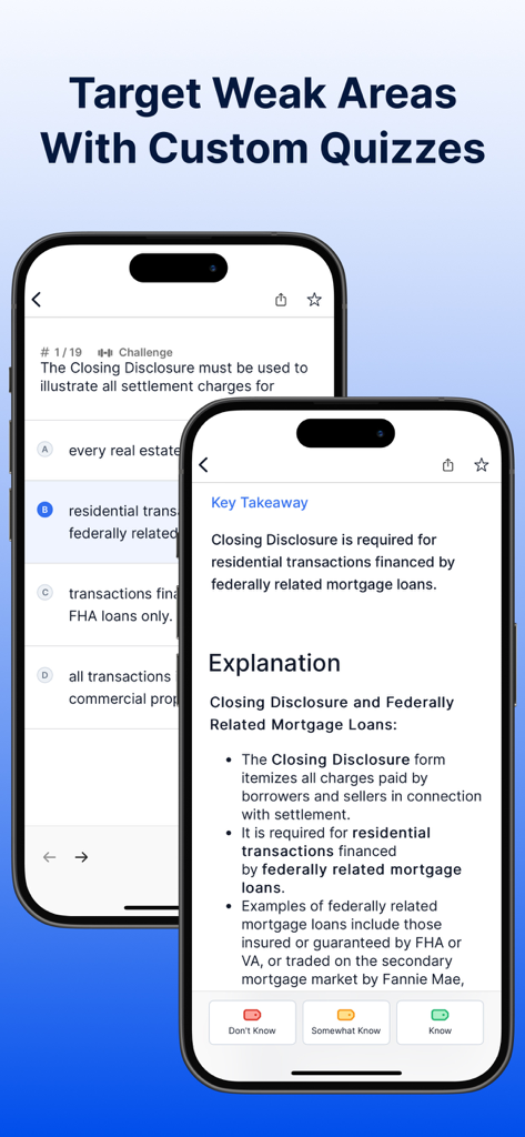 Pantallas de aplicaciones móviles que muestran cuestionarios personalizados del examen inmobiliario y explicaciones detalladas de las respuestas.