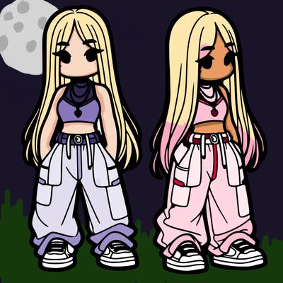 girl in baggy pants crop top and long hair